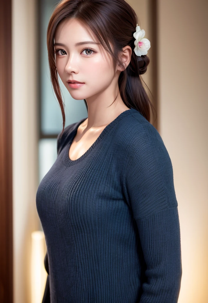 8K, of the highest quality, masutepiece:1.2), (Realistic, Photorealsitic:1.37), of the highest quality, masutepiece, Beautiful young woman, Pensive expression,、A charming、And a gentle look, Cute young lady, Newlywed life、Welcome back、Happy expression、Hair tied back, Cinematic background, Light skin tone
