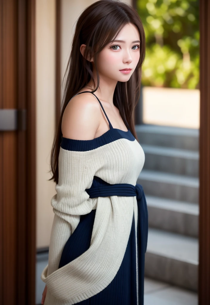 8K, of the highest quality, masutepiece:1.2), (Realistic, Photorealsitic:1.37), of the highest quality, masutepiece, Beautiful young woman, Pensive expression,、A charming、And a gentle look, Cute young lady, Newlywed life、Welcome back、Happy expression、Hair tied back, Cinematic background, Light skin tone