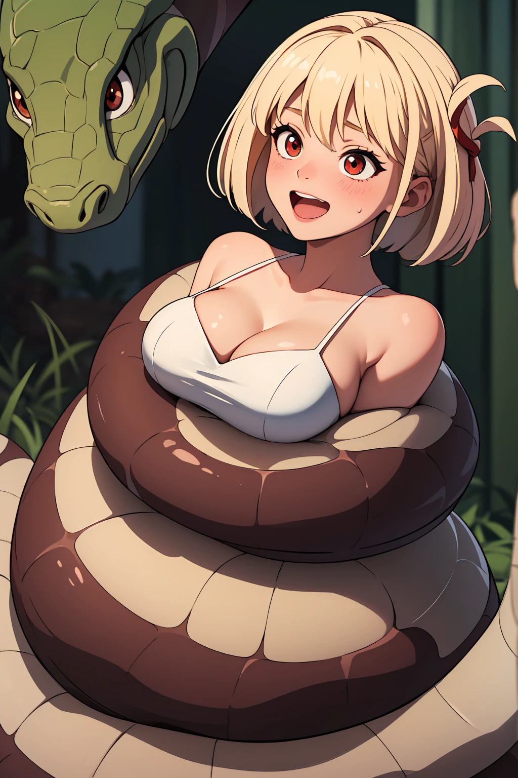 ((masterpiece, best quality, ultra-detailed, very fine 8KCG wallpapers)), 1 girl, solo, nishikigi chisato, lycoris_recoil, smile, blush, :D, short hair, hair between eyes, blonde hair, red eyes, medium breasts, (wedding dress:1.2), chapel, masterpiece, best quality, highres, beautiful detailed eyes, cleavage, snake, (coiled), (python), snake scales detailed, restrained, masterpiece}}}, {{highly extreme detailed}}, solo, Focus on the girl, {orgasm}, {sweaty}, {{python sex}}, (((object insertion))), jangle, spread arms, interspecies, bestiality, (Giant python bestiality, Giant python sex, ((Giant python Rape)), Giant python Rape, Giant python Coils, Passionate Squeeze) (((Giant python coils, Passionate squeeze, ))), coils,((The girl is wrapped around a giant python)), ((giant python rape)), giant python sex,