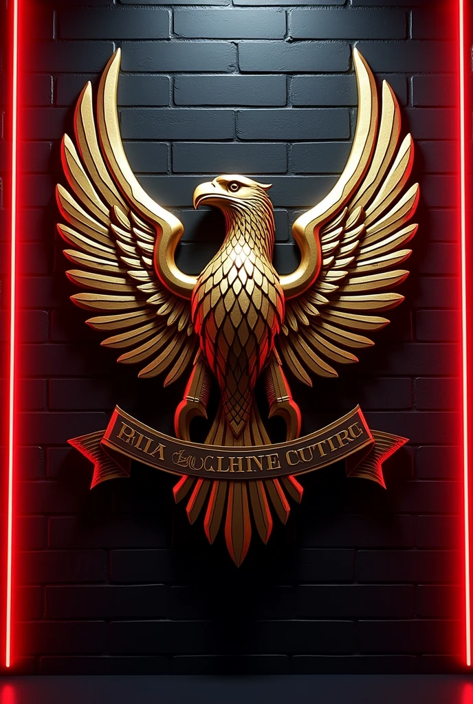 displays full HD high resolution, a hologram logo, eagle made of thick metal, combination of gold and black, and wings, a ribbon with a name on it" REJAL HAKIKI ".and a red LED on the side of the logo, black shiny brick background with red neon lighting