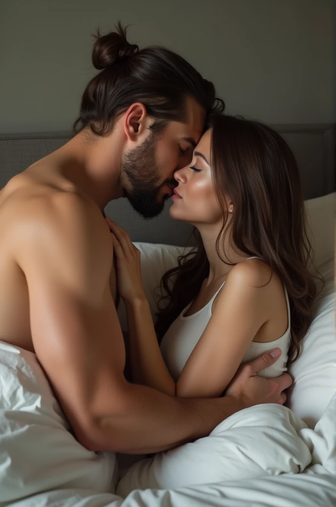 A cute girl fucking with a muscular man with a big thick cock, she is penetrated hard by the man against the bed