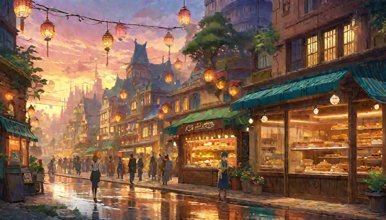 City flower shop, potted plants, flower, rainny night,water reflection puddle,oriental design, hanging lights , digital painting, sunset,wind up,concept art, illustration, intricate, many people, hanging lights, happy, beautiful colorful light, flower, plants ((tileset)) Anime - City street style scene, a woman waiting in front of a store, anime background art, detailed scenery - width 672, anime landscape concept art, anime style cityscape, Studio Ghibli anime style, Studio Ghibli art style, Studio Ghibli program, anime landscape, Studio Ghibli art style, Landscape artwork, Beautiful anime landscape, Forest city street, Ghibli art style, cake shop, cake shop, bakery cake shop, Makoto Shinkai style, Makoto Shinkai anime, Shinkai Makoto art style