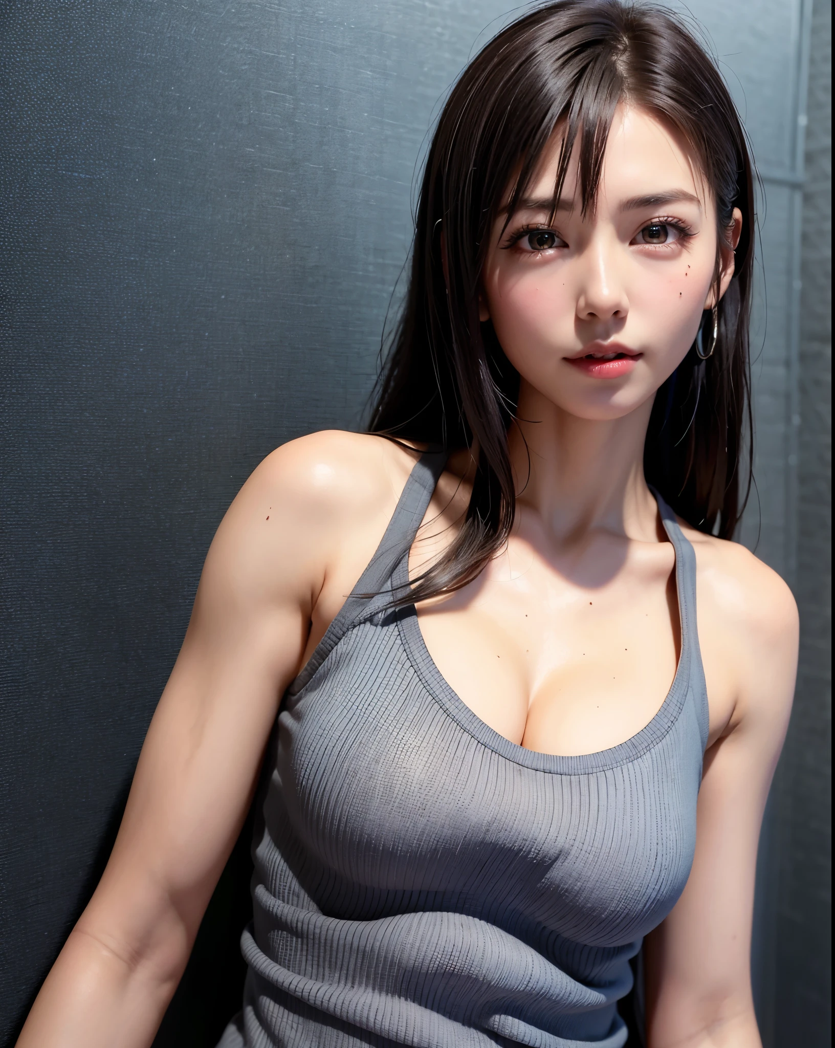 (in 8K, top-quality, masterpiece:1.2), (realisitic, Photorealsitic:1.37), ultra-detailliert, Natural sunlight, mideum breasts, I can see the cleavage, 1 persons, 25 year old woman, Dark hair, Pendants, Torn shorts, Light Knit V-Neck Shirt, At the time of performance, extremely detailed face and skin, A detailed eye, extremely detailed face and skin