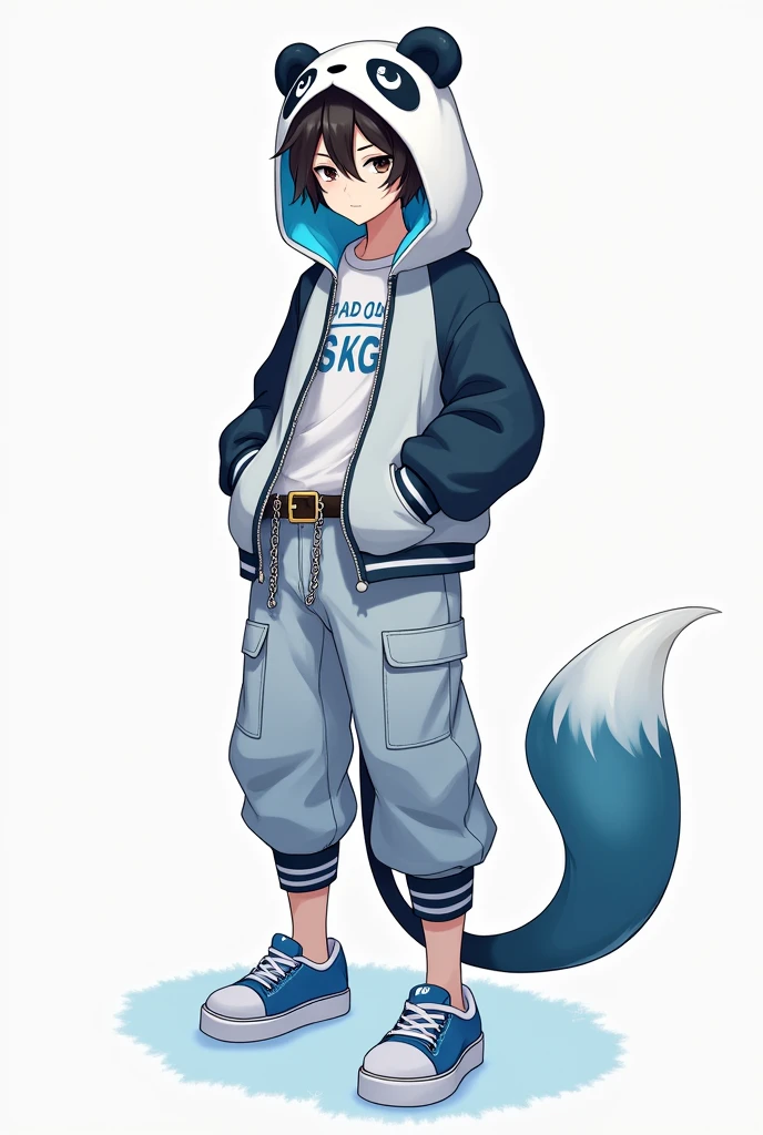 His right eye is covered by his hair, he is wearing a panda hood, and his hair is dark brown.。
The hoodie is unzipped, the inside is white and grey striped, and the collar is light blue.。
Man with short hair！
Her eyes are light blue and bright like a lively child.々。
The panda hood has panda ears and the inside of the ears is light blue.。
It has eyes and the area around the pupil is light blue.。
Panda food is covered as if it is being eaten, but it has no teeth。
The hoodie has short sleeves and a grey hem.。The panda hoodie is based on white.。
The back of the hoodie has a gray-edged T-shaped slanted lettering with a deformed fox-like tail inside.ｗThere is something drawn under the vertical line of the T.。This also has a grey border.。
The pants are midway between the ankles and knees and have drawstrings at the bottom so they can be tightened.。
There is a chain around the belt loop that surrounds the pocket.。
The belt is light blue and the metal fittings are silver.。
The right belt has a fox tail-like decoration with a white to light blue gradient.。The tip of the tail is light blue！
The shoes are light blue in color with white fabric on the inside that spreads outwards.、The soles are also white。
Comes with white Velcro to keep it in place。