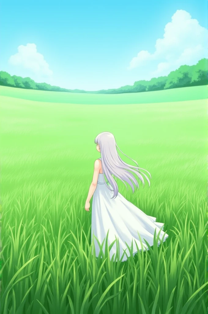 grassland、Girl、White dress、Back view