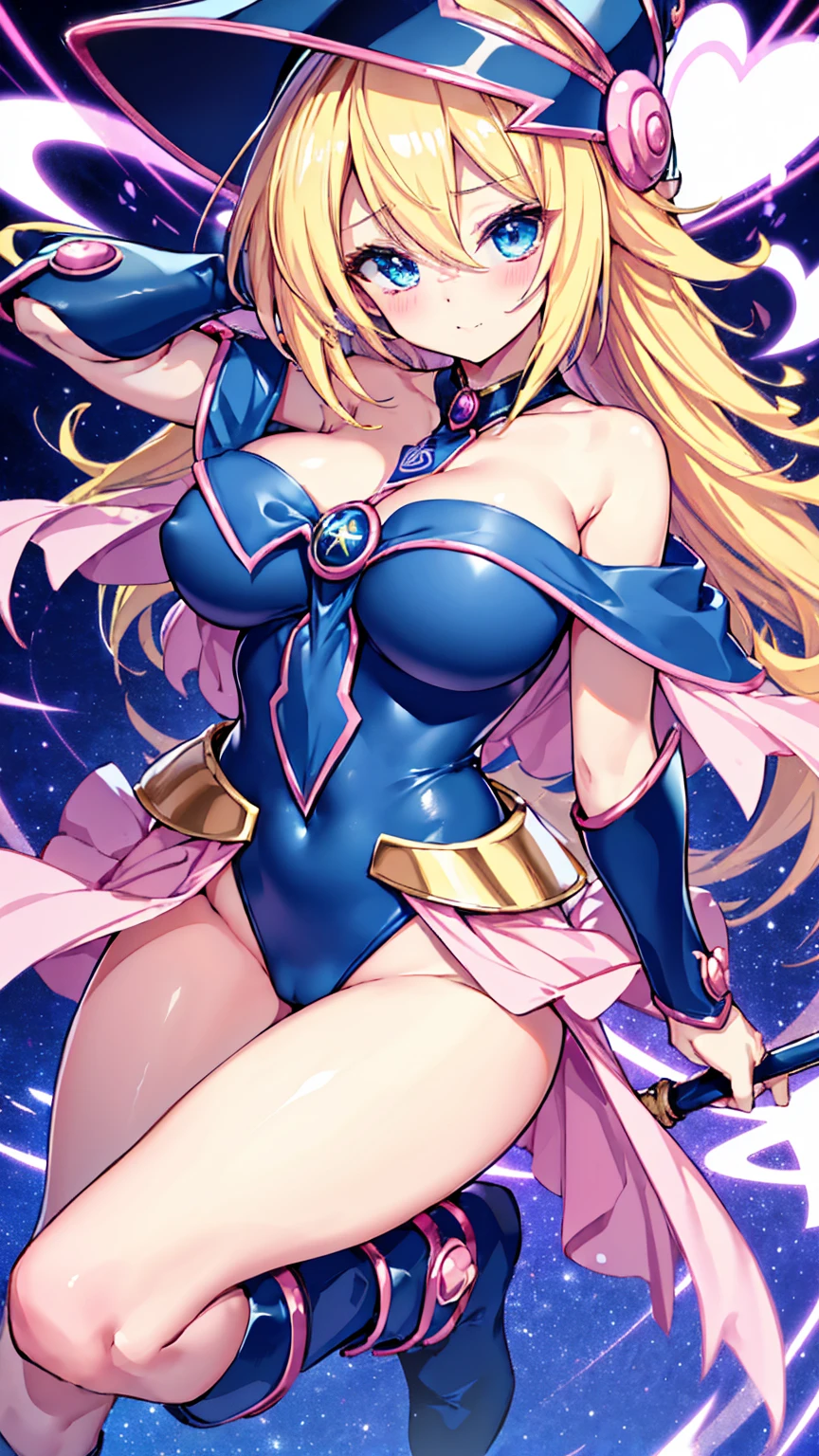 Black Magician Girl、super breasts、thick thighs、blonde hair、magic circle、8K, 4k, highest quality, High resolution: 1.2),winking、One breast exposed、cute anime face、Pink blush on cheeks、noise removal、Leotard that bites into、have a cane、Hold your cane、Rear view、Turning around