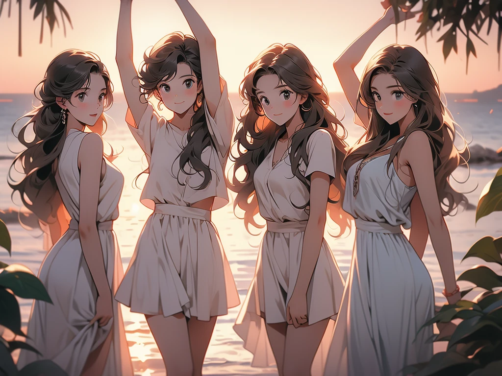 three friends holding arms up at sunset for the camera in nature, multiple girls, long hair, 3girls