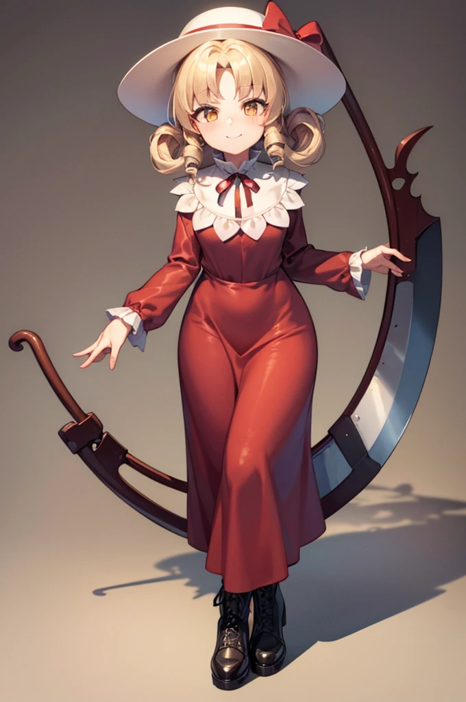 a drawing of an anime character in a red dress and boots with a large scythe, ((high end)), (UHD picture), (best quality,4k,8k,highres,masterpiece:1.2), top-quality(​masterpiece), top-quality, ultra-detailed, highly detailed texture, intricate details, high quality textures, masterpiece, best quality, perfect quality, perfect anatomy, perfect body, perfect symmetrical face, perfect hands, perfect feet, (two arms:1.2), (two legs:1.2), (five fingers each:1.2), (perfect joint:1.2), perfect joint movement, precise fingers and hands, 1 beautiful girl, 1 girl, alone, solo, , 10 years old, (((****))), ((childish)), hat, white hat, blonde hair, long hair, parted bangs, drill hair, well-formed face, yellow eyes, maxi dress, red dress, dress, long sleeves, frills, long skirt, simple background, scythe, holding scythe, holding, white socks, smile, cute face, beautiful, holding scythe