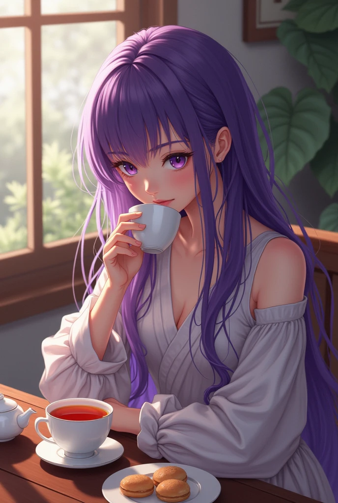 Young woman, Twenty years old, Long purple hair, The tea drinker