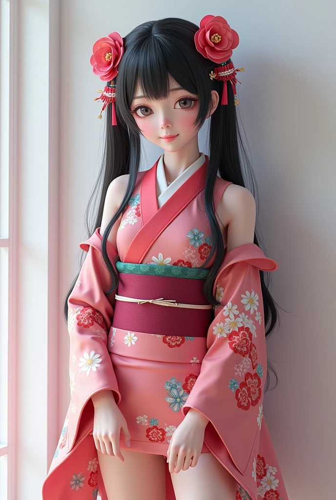sparkle_honkai,1girl,((stand posing for photo)),short kimono,bare shoulders,twintails,black hair,long hair,flower hair ornament,bare legs,upper body,(cowboy shot,realistic,photorealistic), (masterpiece, best quality, high quality), (colorful), (delicate eyes and face), volumatic light, ray tracing, extremely detailed CG unity 8k, profesional studio lighting, white wall