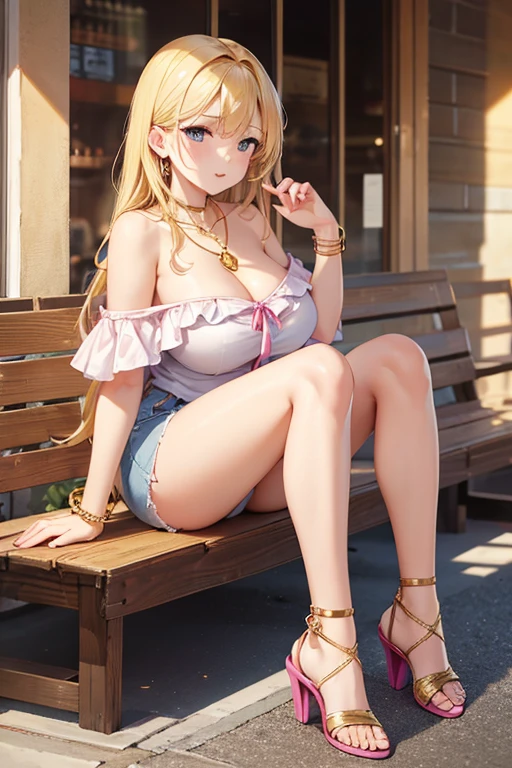 Highest quality, masterpiece, Adult women,8 heads,Blonde,Big Breasts,Skinny Jeans,Pink off-shoulder,Heeled Sandals,In town,Naughty face, Golden Necklace、bracelet