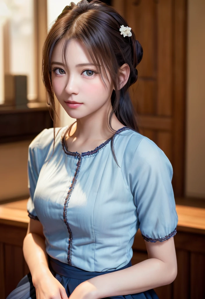 8K, of the highest quality, masutepiece:1.2), (Realistic, Photorealsitic:1.37), of the highest quality, masutepiece, Beautiful young woman, Pensive expression,、A charming、and an inviting look, Cute Maid Clothes, Hair tied back, Cinematic background, Light skin tone