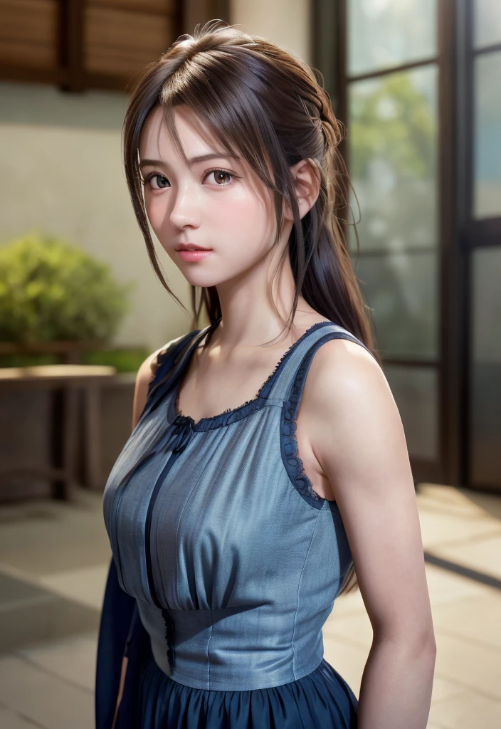 8K, of the highest quality, masutepiece:1.2), (Realistic, Photorealsitic:1.37), of the highest quality, masutepiece, Beautiful young woman, Pensive expression,、A charming、and an inviting look, Cute Maid Clothes, Hair tied back, Cinematic background, Light skin tone