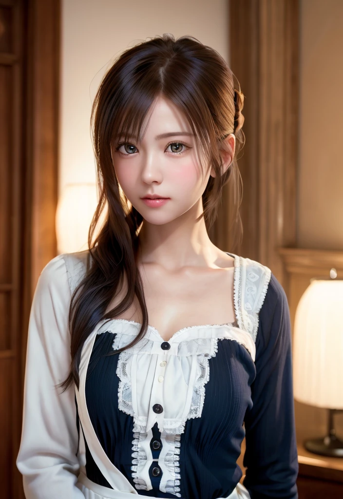 8K, of the highest quality, masutepiece:1.2), (Realistic, Photorealsitic:1.37), of the highest quality, masutepiece, Beautiful young woman, Pensive expression,、A charming、and an inviting look, Cute Maid Clothes, Hair tied back, Cinematic background, Light skin tone