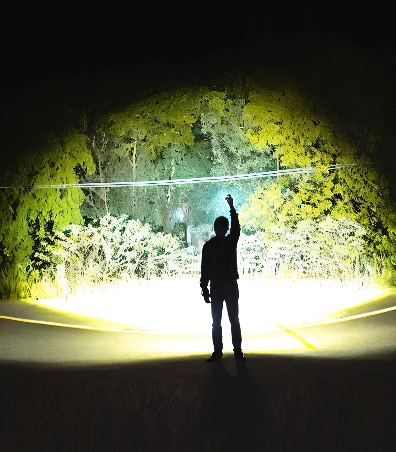 night,A person standing in an empty park。This person's back is facing the mirror。He holds a flashlight,Lights up his front,