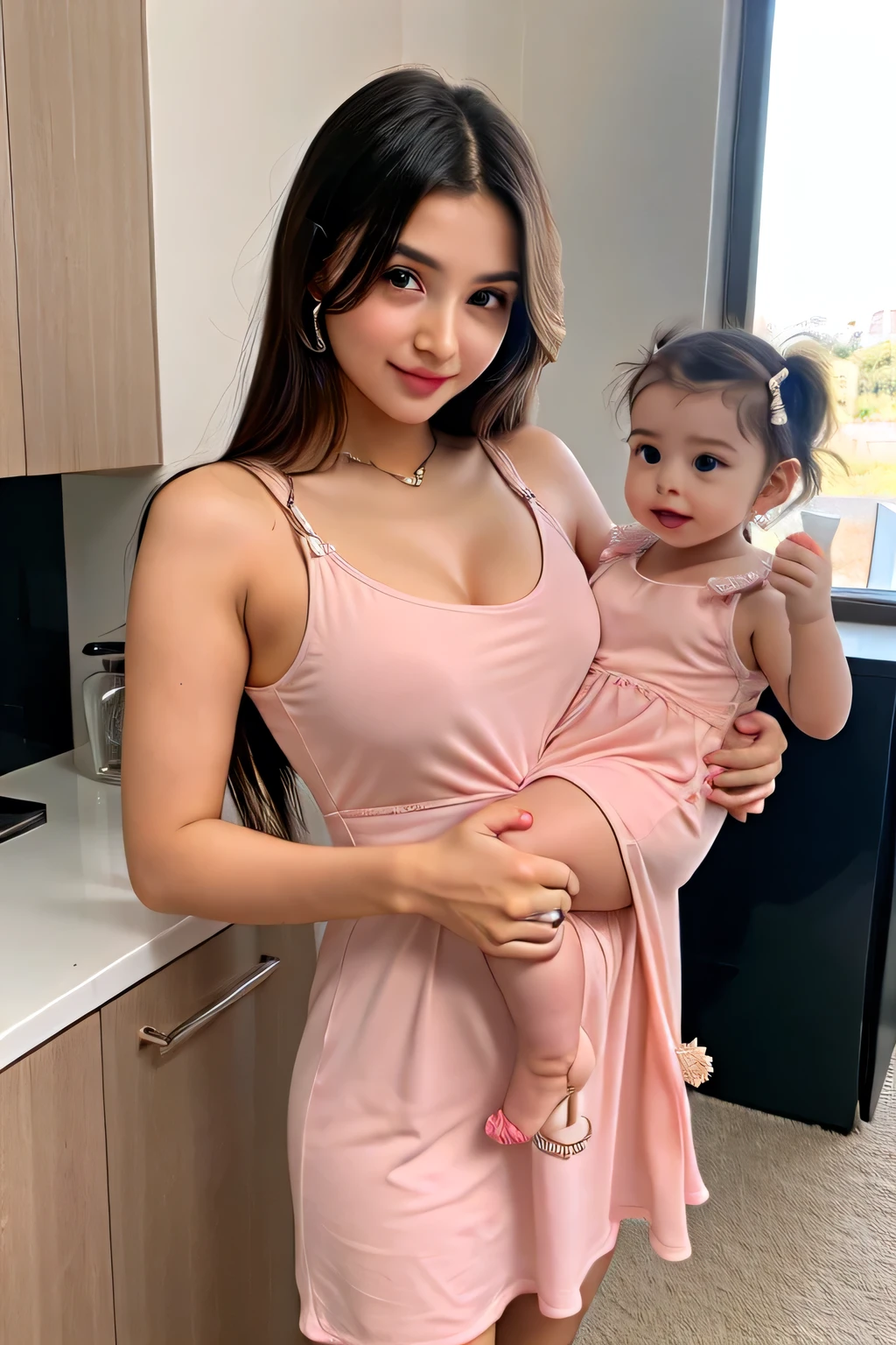   hot play girl with stylish cooling glass with  cute little baby with stylish colour full modern stunning dress with cute pic