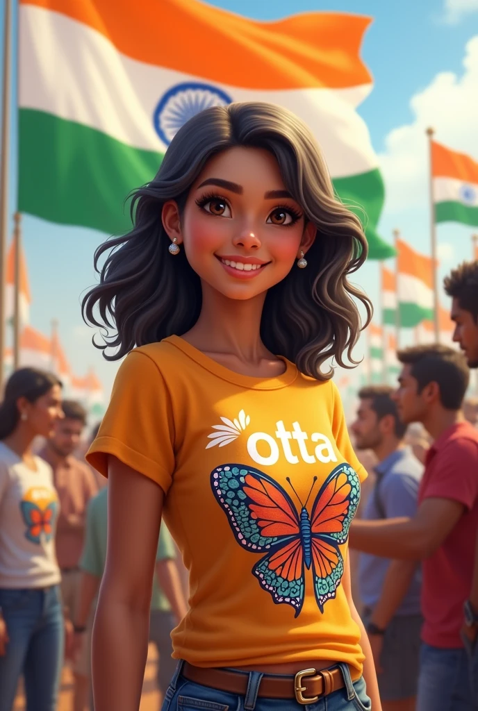 A cubby girl open flag colours
and inner
t shirt name on t shirt "🦋✨Ᵽ𝘰𝖙𝒕ї✨🦋" age 23 with India map ,flag , background crowd