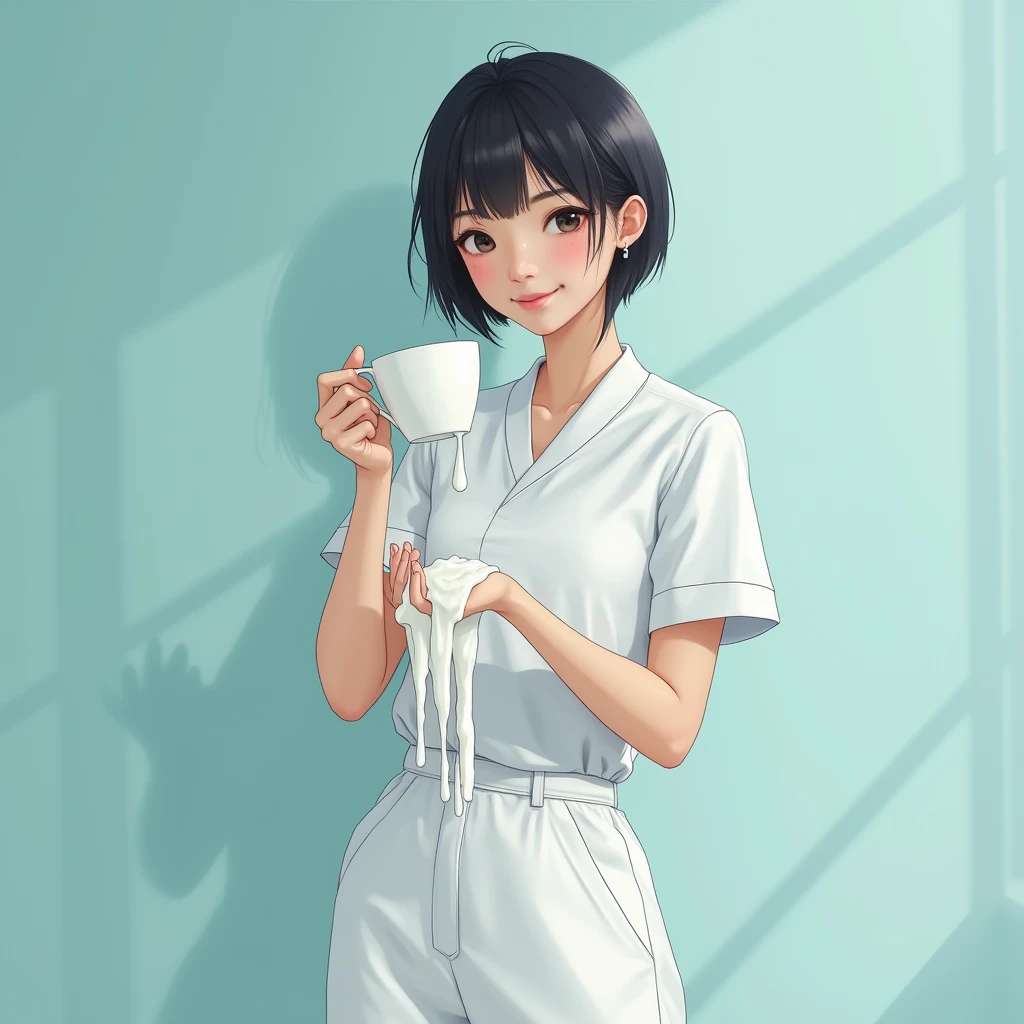An Asian pretty age nurse in white nursing pants, slender, large hips, slim waist line, straight short hair, shyly smiling, cleans her thin fingers with large amount of white sloppy liquid.
