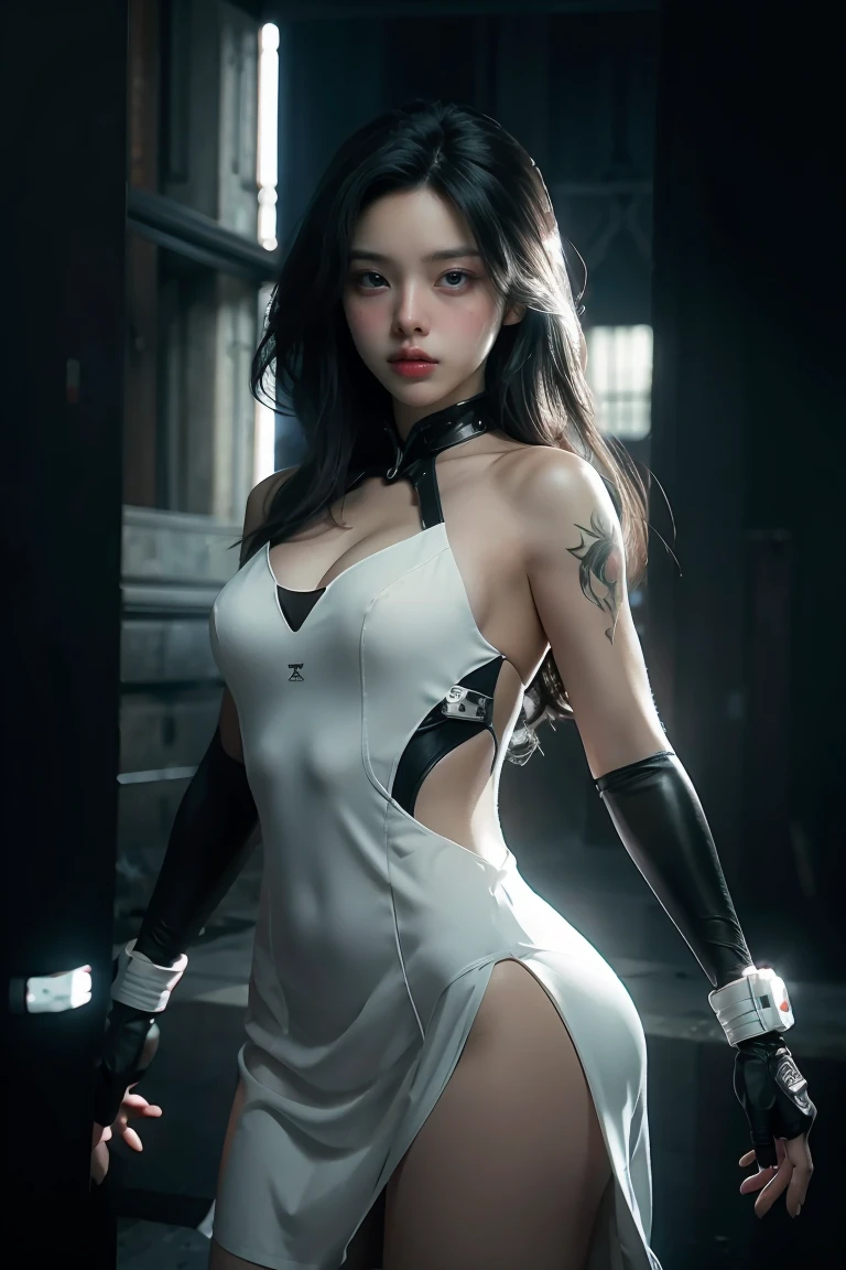 ((masterpiece, best quality)), ultra detailed 8k, photorealistic, sharp focus, highly detailed, professional lighting , shadowmancer, photo of a woman, ink particle, ((swirling black ink floating around)), futuristic fantasy, futuristic white dress, dynamic pose, realistic, masterpiece, intricate details, detailed background, depth of field,