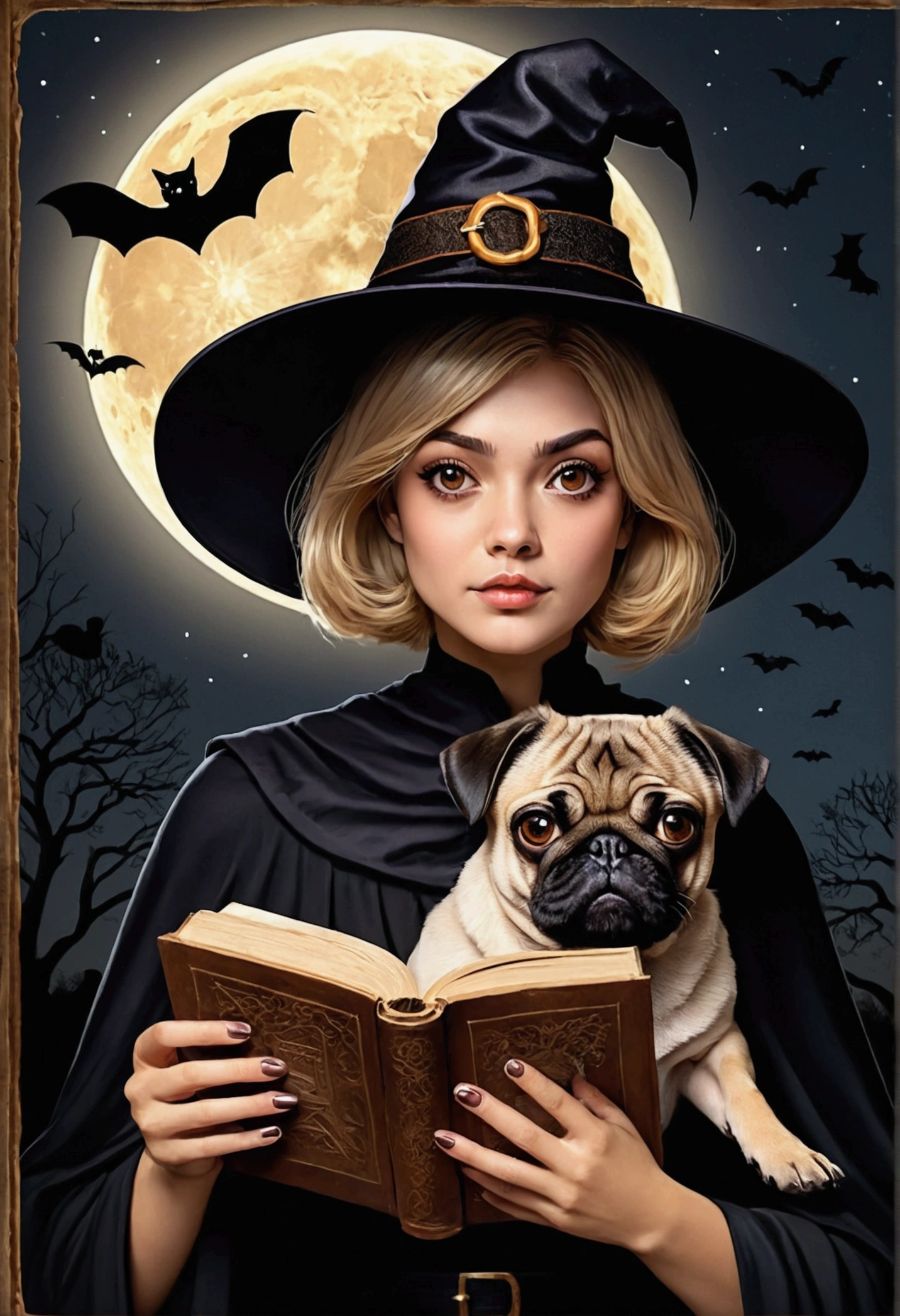 Witch with short, honey-colored hair and a black witch hat., Brown eyes, with an open old book, with an adult pug dog ,At night with a full moon and bats in the background
