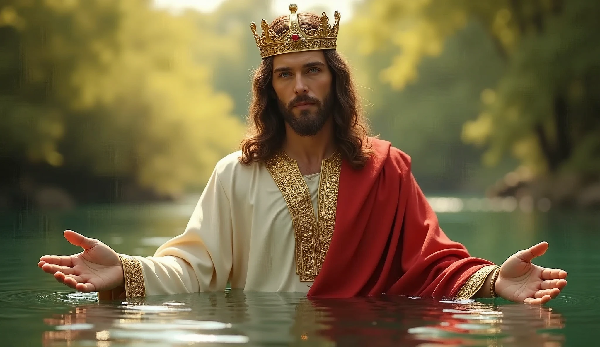 Main parfaite 5 doigts, Portrait of a handsome Jésus Christ wearing the king clothes with crown of king floating the toe in the water, Jésus Christ, De vrais yeux bleus, journée ensoleillée, détails complexes.real Jésus Christ, visage droit, corps droit.Prayer Jésus Christ, Corps complet parfait, doigt de mains parfaites,Prayer Jésus Christ, praying Jésus Christ backgrounds natural photographic
