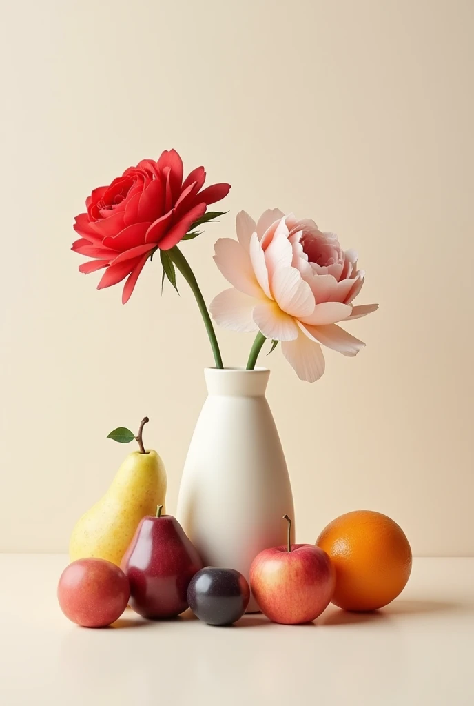 Still life with a vase, 2 flowers and 4 different fruits