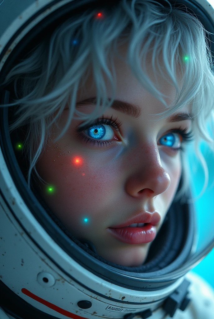 (Close-up of a better masterpiece:1.5)0.9], (Space and astronauts:1.2) (Messy silver hair:1.1) (Heterochromia xanthochromia and blue eyes:1.2) (Space Helmet:1.0) (Colored stars in the eyes:1.0) (A radiant glow:1.1) (thick lips:0.9)