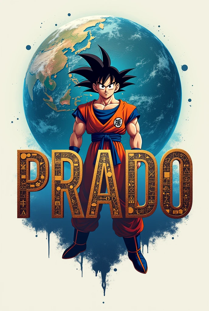 DESIGN A LOGO WITH THE WORD "prado" WITH CAPITAL LETTERS THAT CONTAIN THINGS FROM MATHEMATICS AND PHYSICS, BE IT FORMULAS OR DRAWINGS RELATED TO THEM, BUT ENOUGH THINGS THAT THERE IS NO BLANK SPACE THAT COVERS THE ENTIRE IMAGE IF POSSIBLE ON A BACKGROUND IN WHICH A PLANET LIKE THE EARTH CAN BE SEEN AND BEHIND IT IS A GIANT GOKU 

