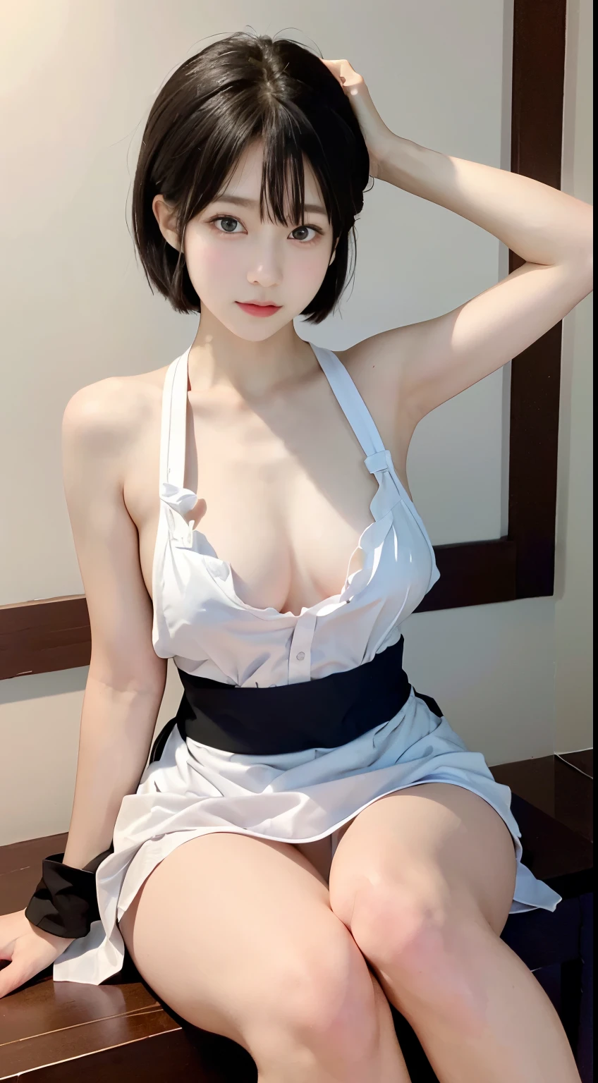 Best image quality、RAW photos、Ultra-high resolution、 Japanese breasts:1.5、e:1.5、Healthy complexion、Fair and shiny skin、(short hair)、Black Hair、ランダムな色のbeautiful eyes、Thin lips、beautiful eyes、Draw in detail、Superbly detailed eyes、Long eyelashes、Beautiful double eyelids、Black collar、Beautiful Skin、Healthy skin、(White Micro Apron、Nude little apron, d Breasts、The whole shoulexposed、waist, thigh, Visible armpits、Beautiful Feet、attractive thigh)、(slightly thick thigh、Sitting in the kitchen)、Large Breasts、Nude in an apron、Legs amel toensparent Clothes,Soaked,