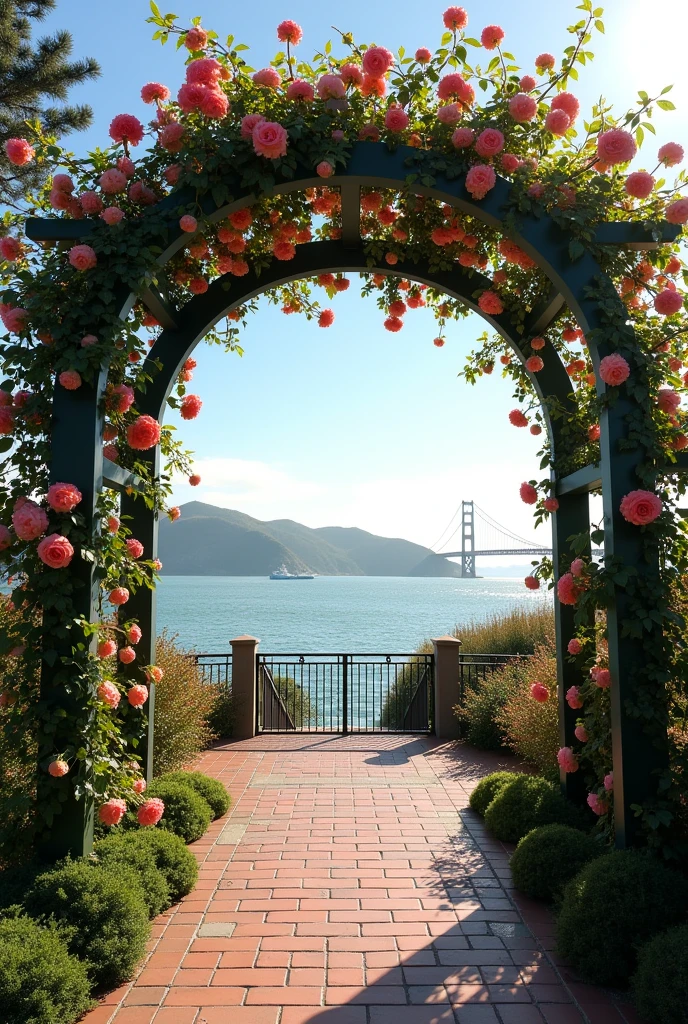 a pergola covered with climbing roses with a panoramic view of the sea,
the entrance to the bay on the left and the Golden Gate Bridge,
opened a couple of years ago, On the right.