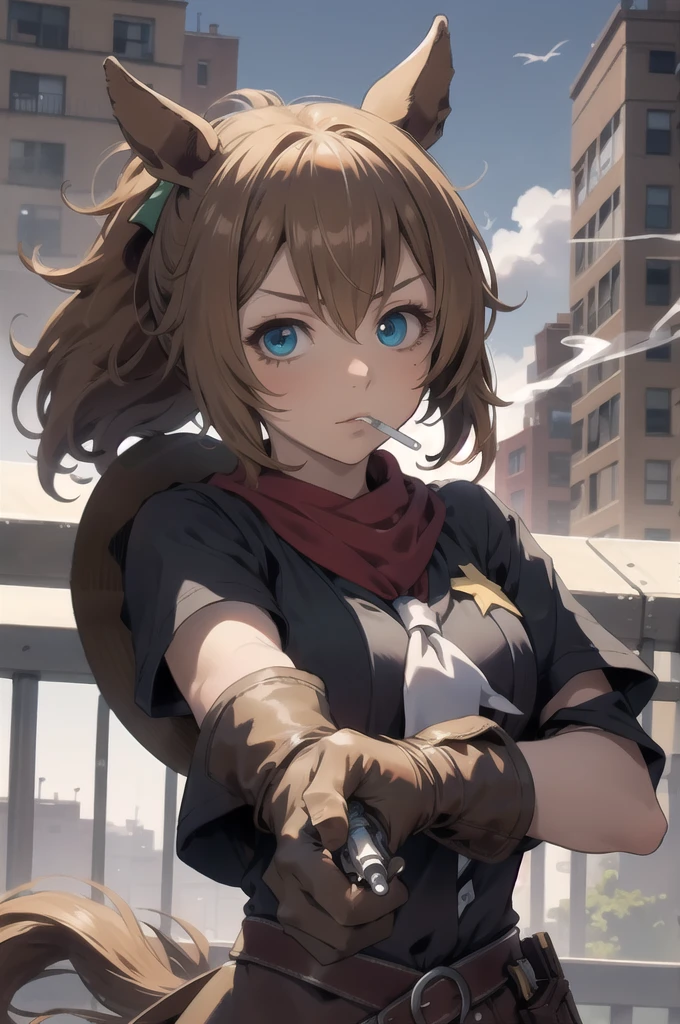 masterpiece, Highest quality,
Taiki Shuttle \(umamusume\),
Target your audience, Have a weapon, Scene Reference, Possession of a gun, Pistol, revolver,
Cosplay, Close one eye, Black tie,
Brown gloves, cigarette, Armband, Upper Body, bandana