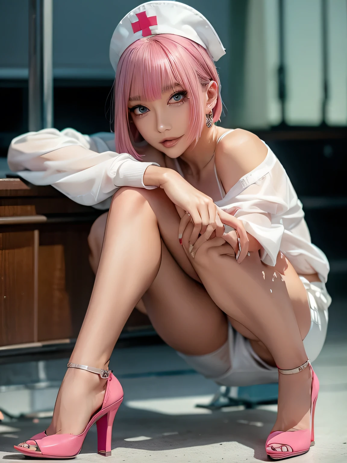 (Highest quality), Realistic, Beautiful Nurse,Hospital Bets,See-through costume,Nurse cap(short hair,Sharp bangs)Show your crotch,Highest quality,Highest quality,8k images,Pink Hair,High heels,Small face,((Big Breasts))Spread your legs,Highest quality32K,improve(Characterful body,human shape,Number of fingers,Number of legs)