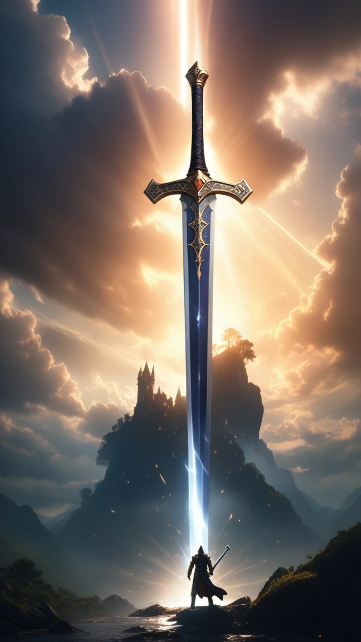 a giant excalibur sword falling from the sky, highly detailed, cinematic composition, dramatic lighting, epic fantasy, dark clouds, sunlight rays, volumetric lighting, depth of field, extreme detail, digital art, concept art, masterpiece