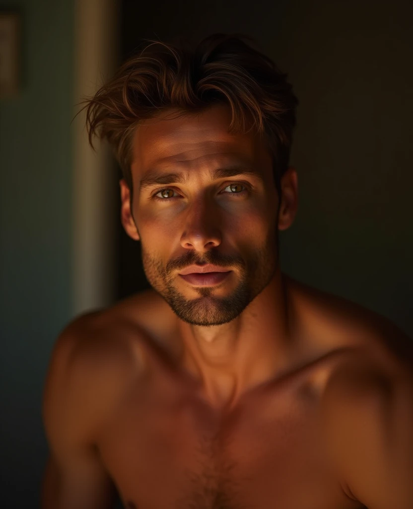 A serene, softly-lit photo of a fit man with a calm expression, illuminated by a warm fill light from the front, highlighting his features and creating a sense of relaxation, in style of Peter Lindbergh.