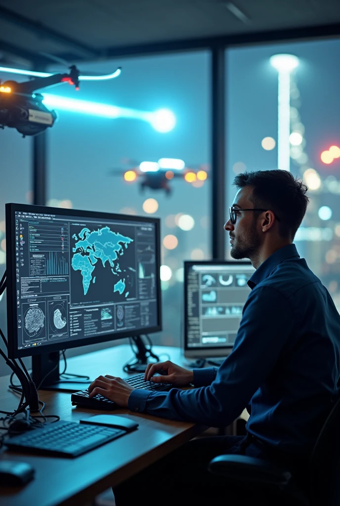 a person operating software on a computer drones and autonomous cars ,Let's see the autonomous car and drones being controlled in MY COMPANY