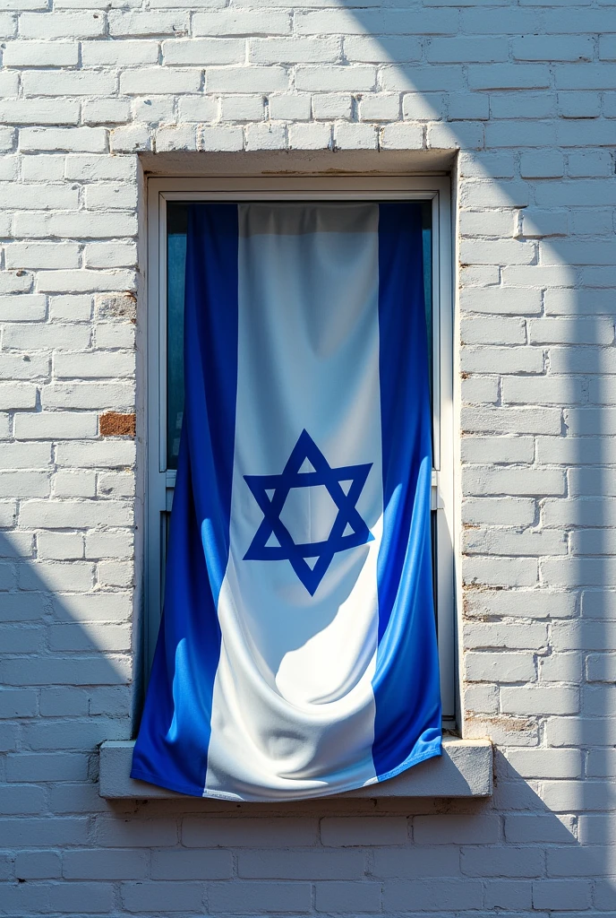 Painting of a white brick building with Israel flag from a window