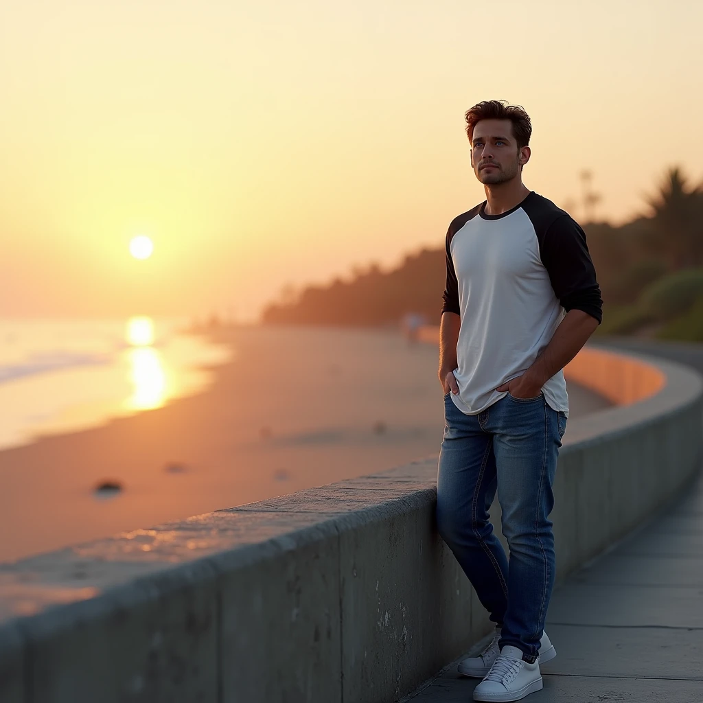 makes image of a white man, model type 35 years old, com cabelo escuro, blue colored eyes, wearing a white and black shirt, jeans, tennis, at sunrise on top of a wall on the beach