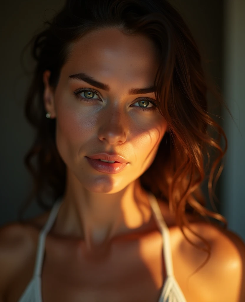 A serene, softly-lit photo of a fit women with a calm expression, illuminated by a warm fill light from the front, highlighting his features and creating a sense of relaxation, in style of Peter Lindbergh.