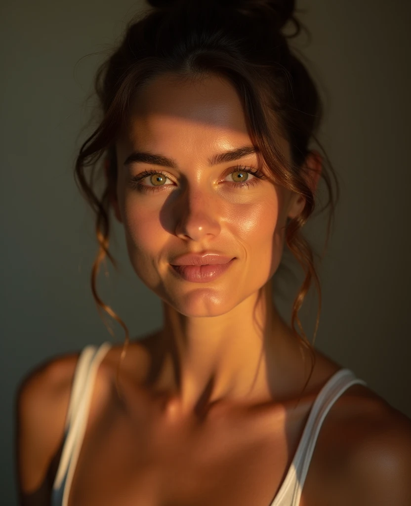A serene, softly-lit photo of a fit women with a calm expression, illuminated by a warm fill light from the front, highlighting his features and creating a sense of relaxation, in style of Peter Lindbergh.