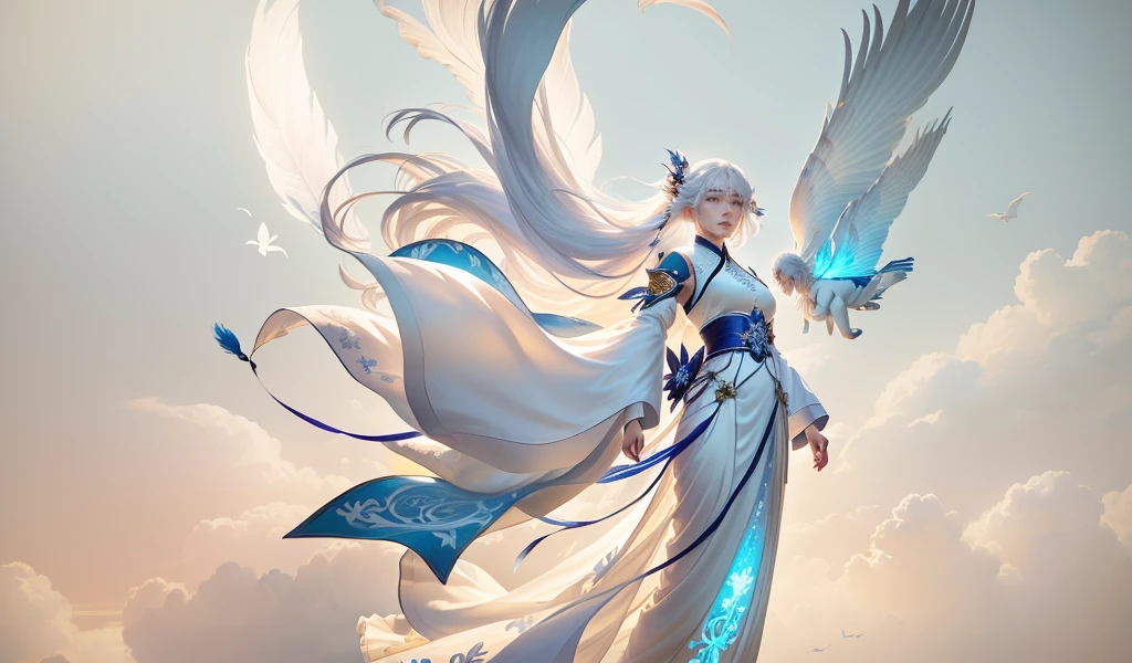 White hair、Wearing a silk gown、Man flying in the air, heise jinyao, Onmyoji detailed art, xianxia fantasy, Beautiful young wind elf, White-haired deity, author:Yang J, ethereal essence, Chinese Fantasy, flowing white robe, G Liulian art style, Full body fairy, 8k high quality detailed art