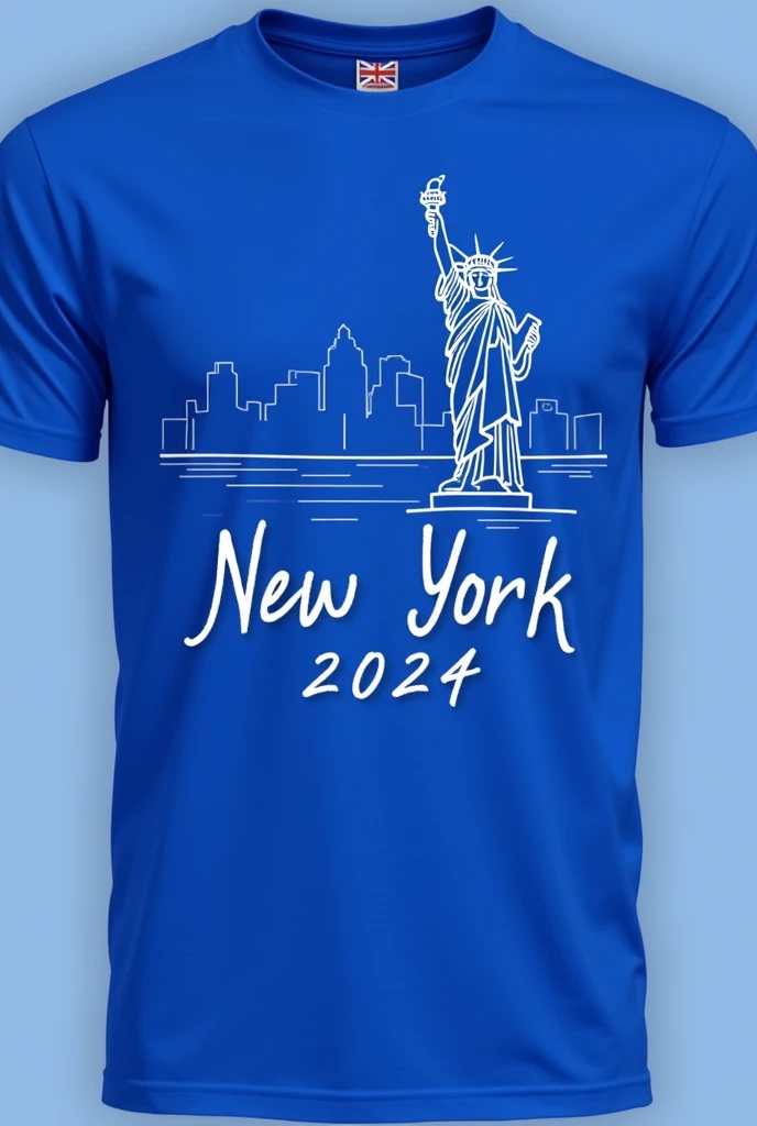 A royal blue t-shirt with the drawing (just a side dish) of the Statue of Liberty in white and below the drawing that says New York 2024 in white, in handwritten letter, that looks modern