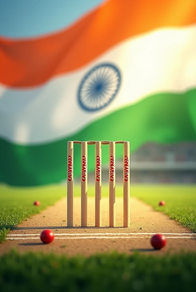 Indian Independence day poster with cricket theme and tri colors on the wickets with indian flag at background