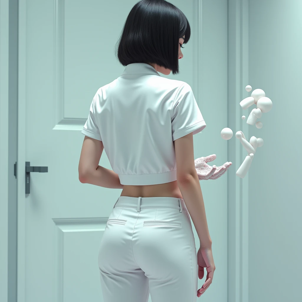 An Asian pretty teenage nurse in white nursing pants, slender, large hips, back view, slim waist line, straight short hair, cleans her thin fingers with large amount of white sloppy liquid.
