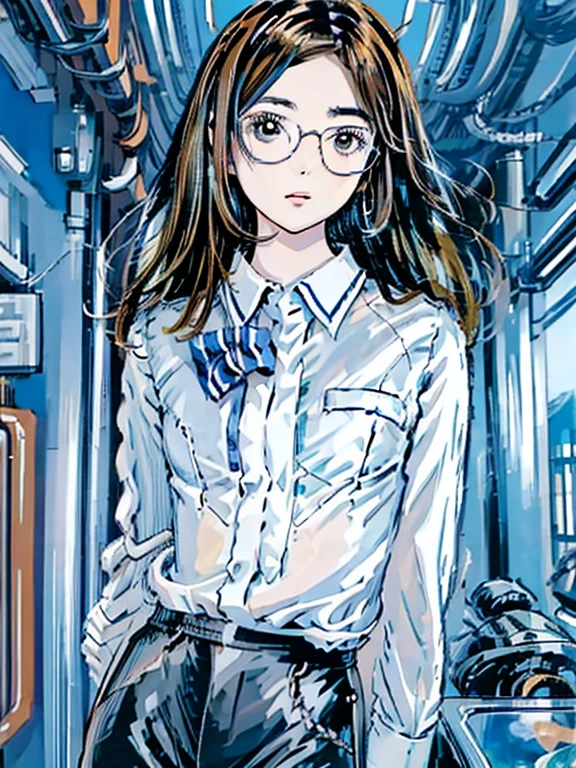 ((chibi)), big head, focus face, blue theme, (masterpiece:1.2, highest quality), (Realistic, photoRealistic:1.4), Beautiful illustrations, (Natural Side Lighting, Cinema Lighting), Written boundary depth, Beautiful thighs staring at the viewer, 1 female, 20-year-old, alone, thin, slender, (small breasts), long Hair, straight Hair, Forehead, Forehead, Forehead, Forehead, thin, slender, glasses, ((Skinny black pants, collared shirt)), Are standing, (((glasses)))