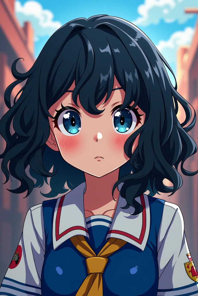 A girl from Boku no hero academia who has curly black hair, blue eyes and freckles 