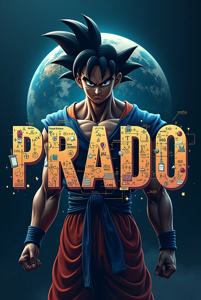 DESIGN A LOGO WITH THE WORD "prado" WITH CAPITAL LETTERS THAT CONTAIN THINGS FROM MATHEMATICS AND PHYSICS, BE IT FORMULAS OR DRAWINGS RELATED TO THEM, BUT ENOUGH THINGS THAT THERE IS NO BLANK SPACE THAT COVERS THE ENTIRE IMAGE IF POSSIBLE ON A BACKGROUND IN WHICH A PLANET LIKE THE EARTH CAN BE SEEN AND BEHIND IT IS A GIANT GOKU