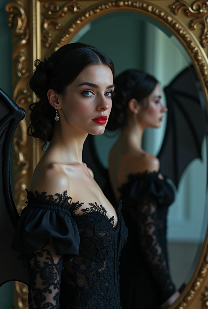 Une jeune et belle femme,(Description détaillée,incroyablement absurde,haute résolution,Fond d’écran 8k, masterpiece,la plus haute qualité,Profondeur de la région,Représentation anatomiquement précise,corps parfait),(peau brillante,peau brillante),(Une femme dans une robe noble se tient devant un miroir:1.3, (L’image d’une succube avec un sourire maléfique se reflète dans le miroir :1.3),Succube a des ailes de démon,Les yeux de Succube sont fous),cil,yeux violets,les yeux mi-clos:1.3,Il y a un décolleté sur la poitrine,rouge à lèvres brillant,(arrière-plan:grand miroir), hyperréaliste