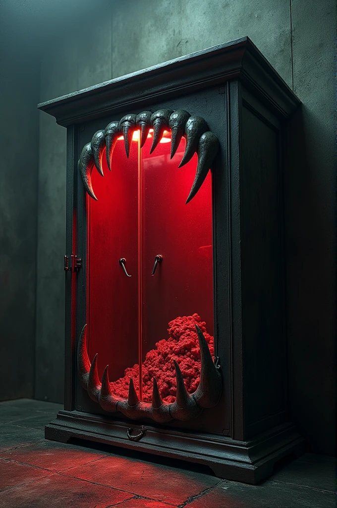 Weirdest storage box with dangerous teeth and red lights big size glass door 