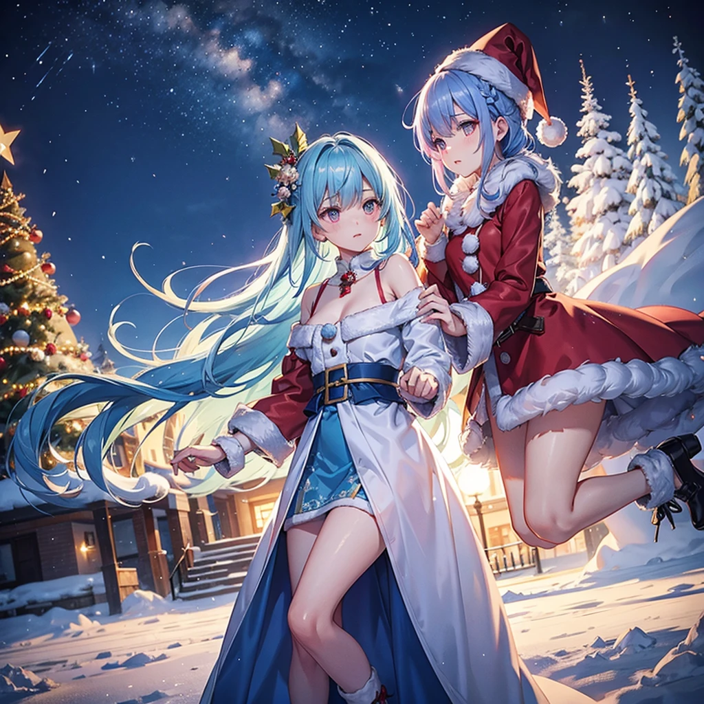 (Sky Blue Hair),(Braided Hair),(Pink Eyes),(Fair Skin),(Full Body),(Alone),(Santa Claus Clothes),(Giant Christmas Tree in the Background),(Snowy Night),Sparkling Night Sky,(Masterpiece, Top Quality, Very Detailed, Best Shadows),(Detailed Background),(Beautifully Detailed Face),High Contrast,(Best Lighting, Very Delicate and Beautiful),((Cinematic Light)),Hyper Detail,8k,Dramatic Light,Exquisite Detail,