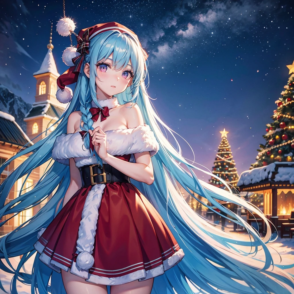 (Sky Blue Hair),(Braided Hair),(Pink Eyes),(Fair Skin),(Full Body),(Alone),(Santa Claus Clothes),(Giant Christmas Tree in the Background),(Snowy Night),Sparkling Night Sky,(Masterpiece, Top Quality, Very Detailed, Best Shadows),(Detailed Background),(Beautifully Detailed Face),High Contrast,(Best Lighting, Very Delicate and Beautiful),((Cinematic Light)),Hyper Detail,8k,Dramatic Light,Exquisite Detail,